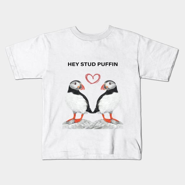 Stud Puffin - Stud muffin - Puffin couple - Puffin art - couple art - bedroom art - Puffin lovers Kids T-Shirt by IslesArt